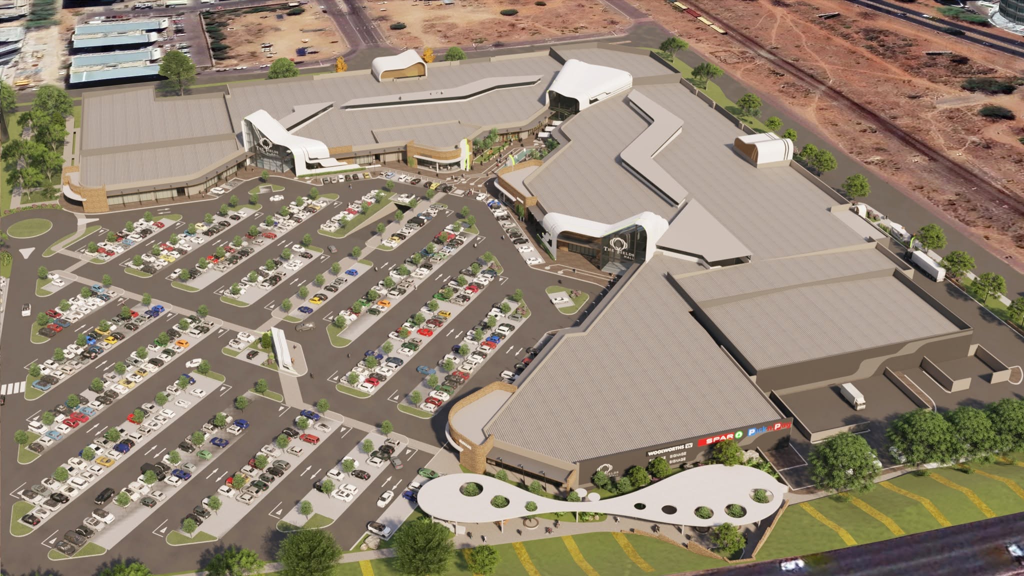 Architectural aerial render of The Fields Mall precinct