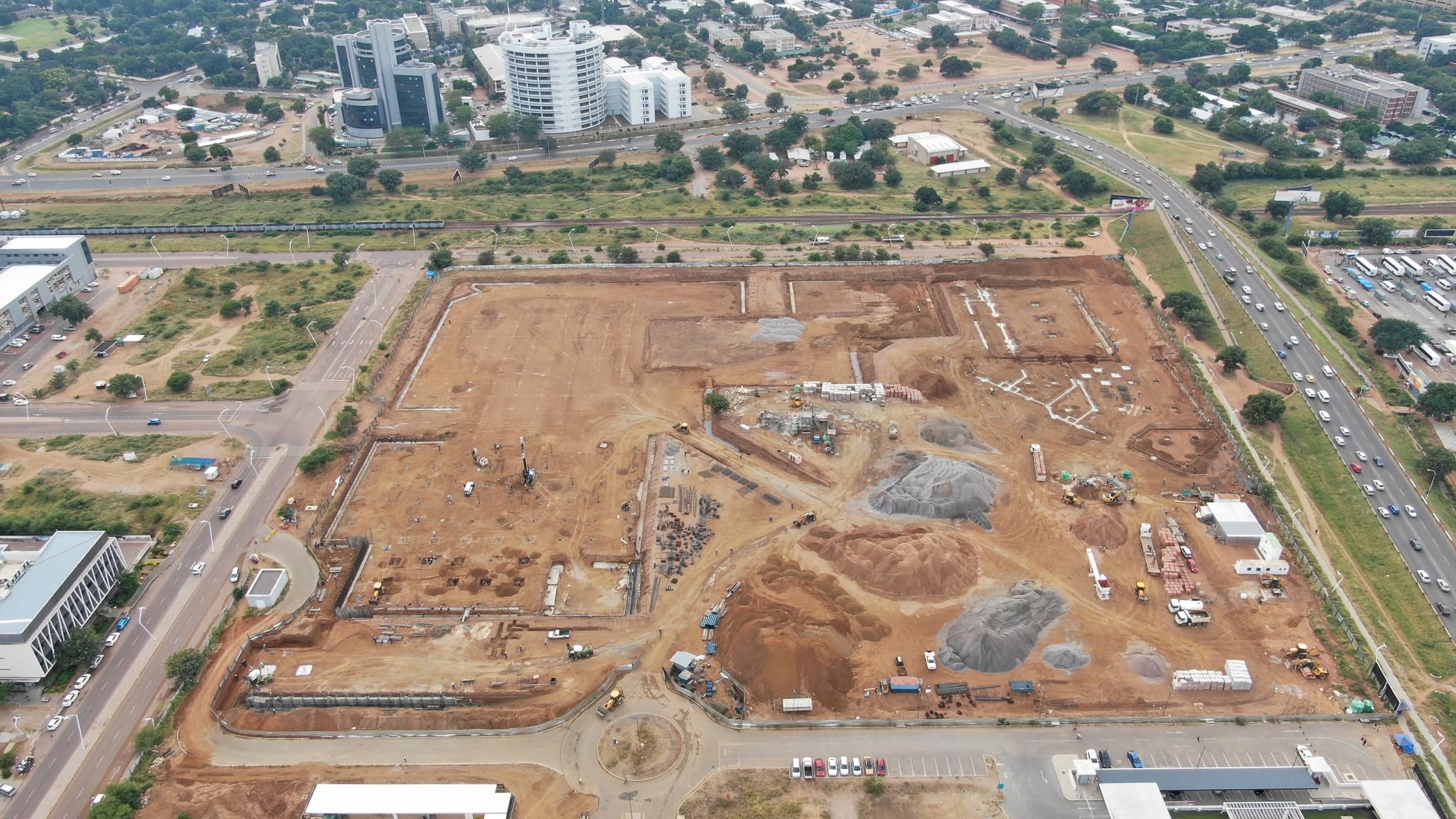 Early excavation of The Fields Mall site showing the Gaborone CBD skyline